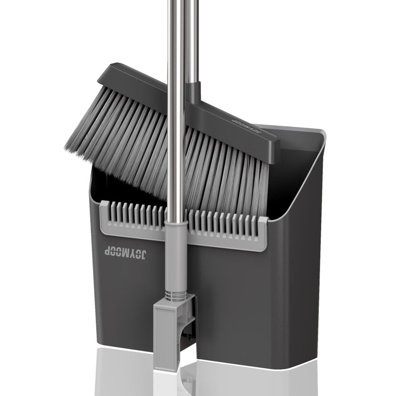 JOYMOOP Black Broom and Dustpan Set Upright Angle Design with Builtin Comb Teeth for Home Office Hardwood Floors Pet Hair